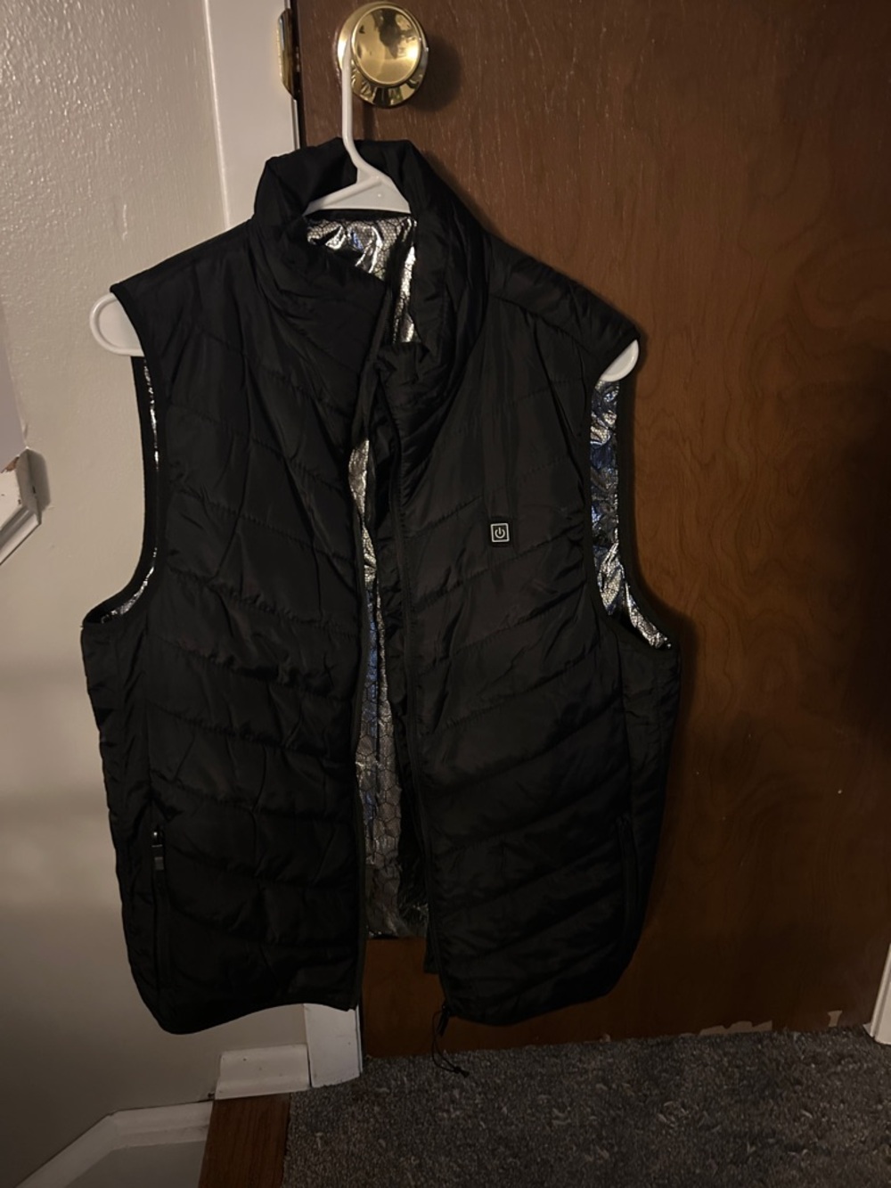 Power heated Black Quilted Puffer Vest with Reflective Silver Lining